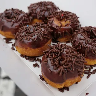 chocolate frosted donuts with sprinkles