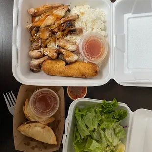 Chicken Rice &amp; Egg roll, potstickers &amp; salad.