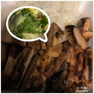 Lunch special, chicken teriyaki with salad and a small drink.