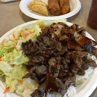 Beef/pork teriyaki with egg rolls and goyza