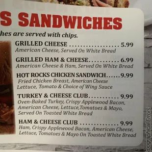 a menu for a sandwich