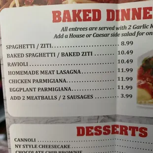 a menu for baked dinner