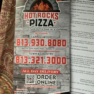 a menu for a hot rock's pizza