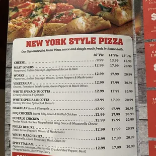 a menu for a new york style pizza