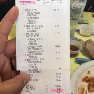 Recipe before paying. Server is brook who rubs her nose then touches toast.