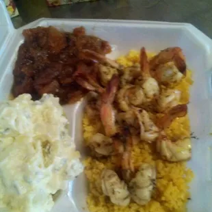 Shrimp Dinner, yellow rice &amp; two sides