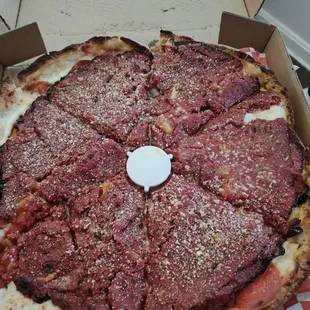 Chicago deep dish pizza Hawaiian style with pepperoni and mushrooms and DaCheese $29