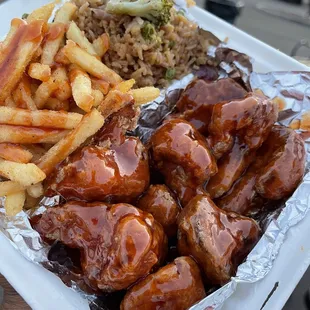 Cauliwings with Sweet Mambo &amp; Spicy Mambo sauce,  Obaby fries, and fried rice. Everything was delicious!