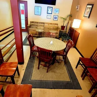 a table and chairs in a restaurant