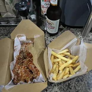 Sweet chili mild wings and fries. Beer is came from my fridge.