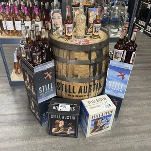 a barrel of whiskey in a liquor store