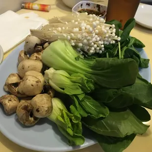 Fresh veggies: mushrooms, daikon and bok choy