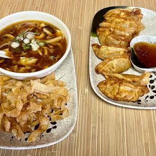 Hot &amp; Sour Soup with Crunchy Wonton Strips! Fried Chicken Dumplings!