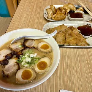 A5. DUMPLINGS, HANDROLL SCALLION PANCAKE , R1. CHASHU RAMEN,