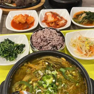 Hangover cabbage stew, beef bulgogi, and soybean paste soup