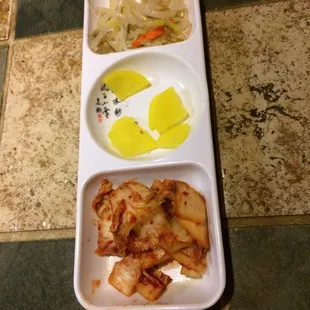 Daily Sides - today - Kimchi (bottom), I forget what is in the middle, and bean sprouts on top (fermented). Yum!