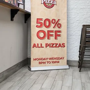 50 % off all pizzas