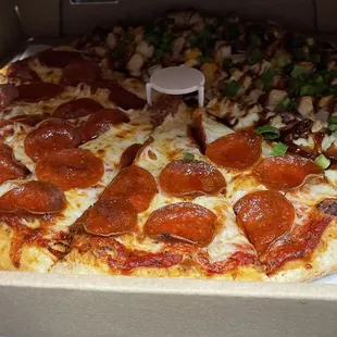 Half pizza have bbq chicken pizza