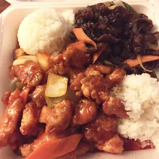 Sweet &amp; Sour chicken with Mongolian Beef. Beef was over cooked, chicken wasn&apos;t bad.