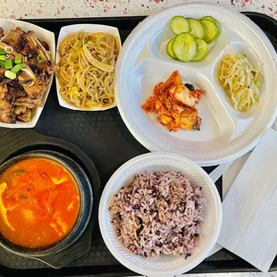 a variety of foods on a tray