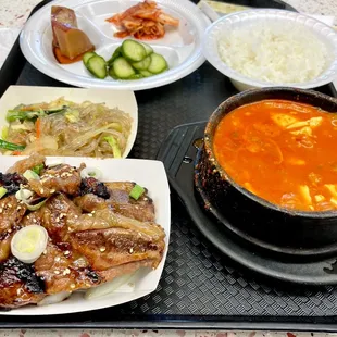 a variety of foods on a tray