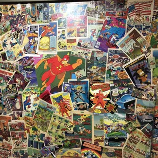a wall full of comic books