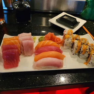 Tuna, Salmon,Yellowtail Sashimi and Nigiri and Gator roll. Delicious!