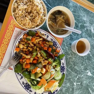 6. Kung Pao Chicken Lunch, with Sweet and Sour soup and fried rice side.
