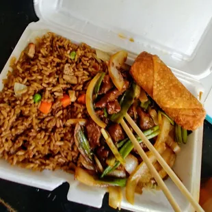 My Mongolian beef and fried rice with additional egg roll @ Hot Wok, Brandon