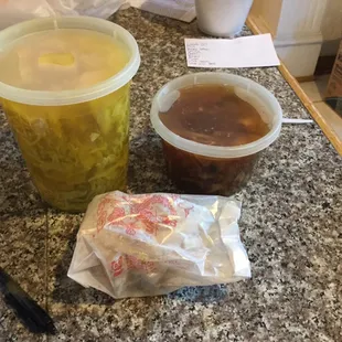 One large and one small soup. Both tasteless. And the amount of fried noodles they gave with my order of soup.