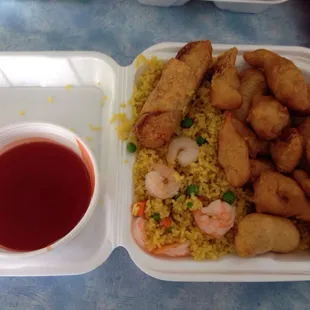 Sweet and sour chicken combo plate. Shrimp fried rice is a $2 up charge