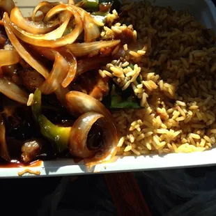 Mongolian beef with fried rice.  Avoid this selection, beef was hard, sauce was way too thick.