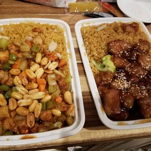 Left kung pao chicken,  right sesame chicken... there's actually more rice than it looks like as they put the entree on top of rice
