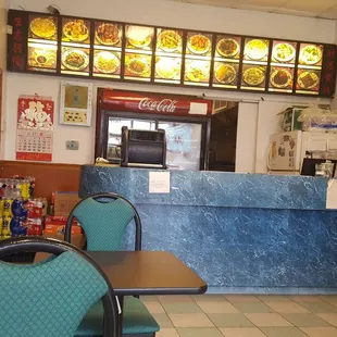 a view of a restaurant counter