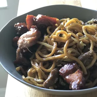 Beef lo mein and bourbon chicken.
