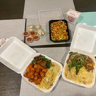 Build Your Own Combo - 2 Entrees, Combo #8, Kung Pao Shrimp, side of half rice and chow mein.