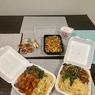 Build Your Own Combo - 2 Entrees, Combo #8, Kung Pao Shrimp, side of half rice and chow mein.
