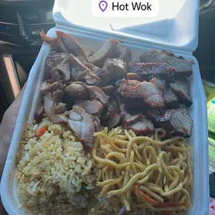 Bbq chicken and bbq pork with fried rice and noodles