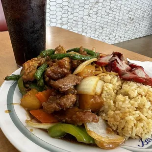 3 item combo - char Shui pork, pineapple beef and chicken with string beans. Fizzy Diet Coke