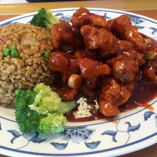 General Tso chicken with pork fried rice. Very good sauce!