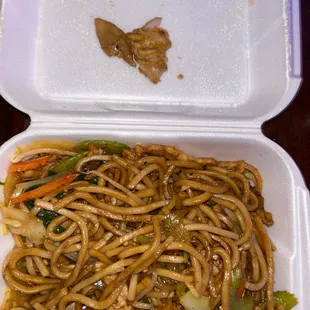 Above the noodles is all the chicken that came in my entire meal of &quot;chicken&quot; lo mein