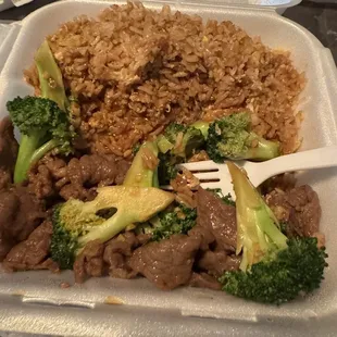 Beef and broccoli with fried rice