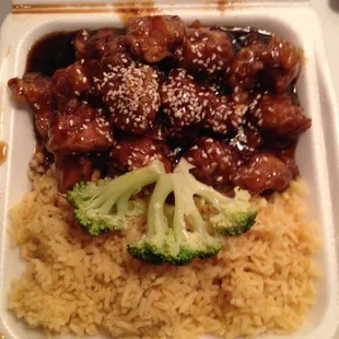 Their sesame chicken combo.  It comes with an egg roll and is just over 5 bucks for dinner.  One of our favorites!