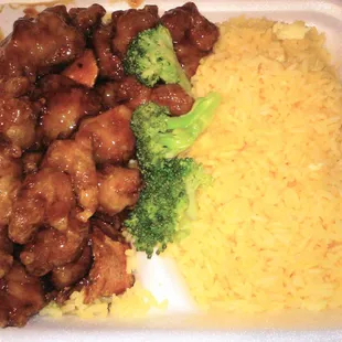 Orange chicken -- lots of orange peel, lil spicy kick, nice