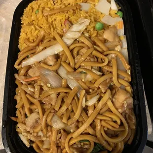 Chicken lo mein and fried rice