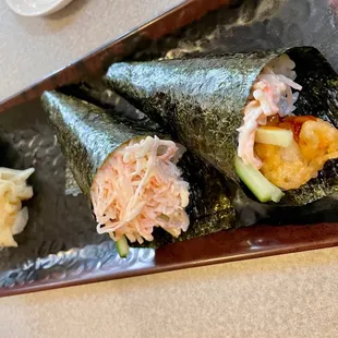 crab &amp; tempura hand rolls