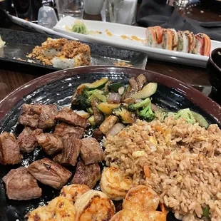 Hibachi New York Strip &amp; Shrimp. Fried Rice. Crunchy Roll and Scaggy Roll.