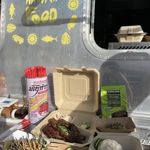 Short Rib Kalbi plate, Ahi poke, Shishitto peppers, cucumber namasu, Furikake avocado