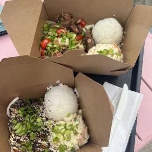 Salmon hotbox with Mac &amp; cheese, steak hotbox