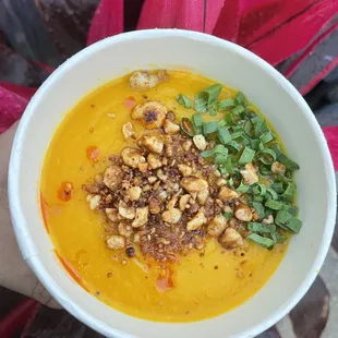 Kabocha Pumpkin soup with toasted/spiced macadamia nuts